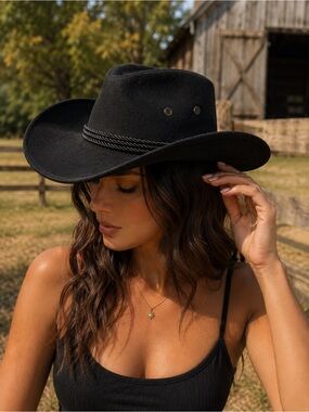 Fashion Nova Black Felt Cowboy Hat with Braided Band, Like New